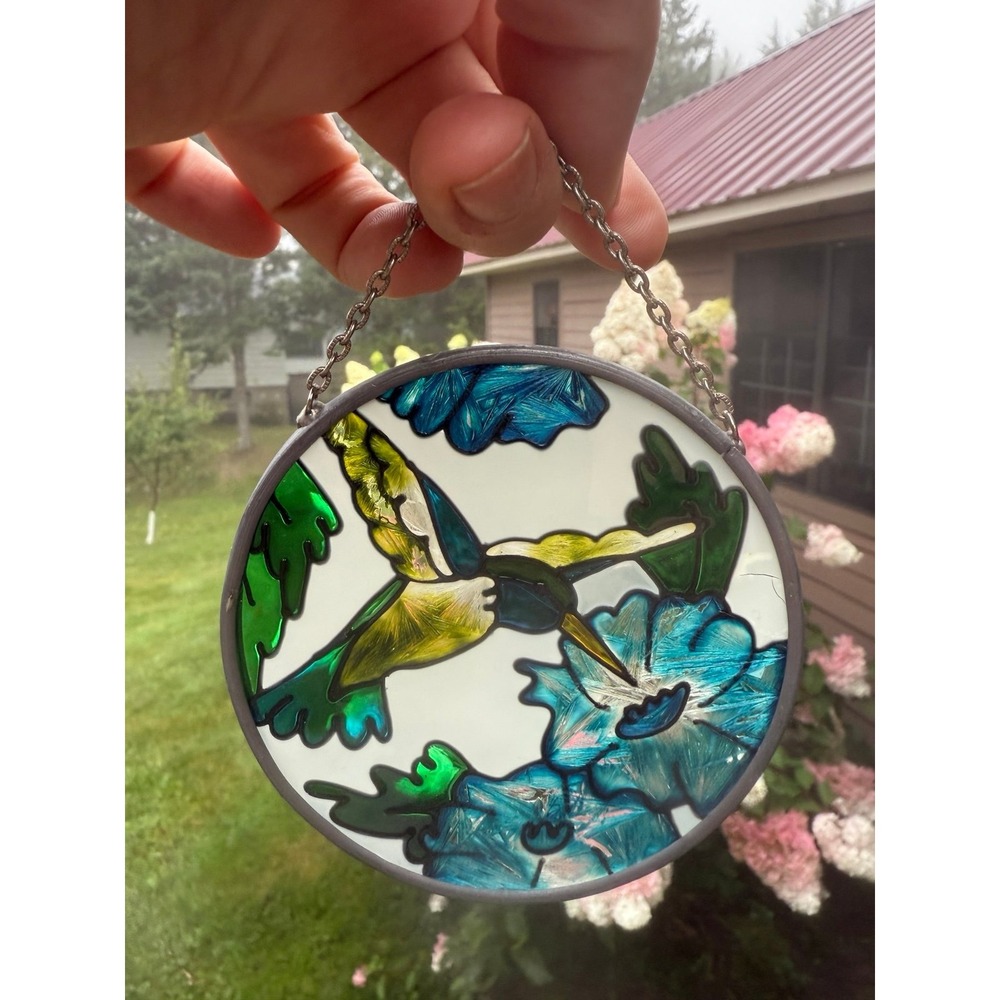 Hummingbird Sunbather Stained Glass Looking Blue Green Cottage Garden